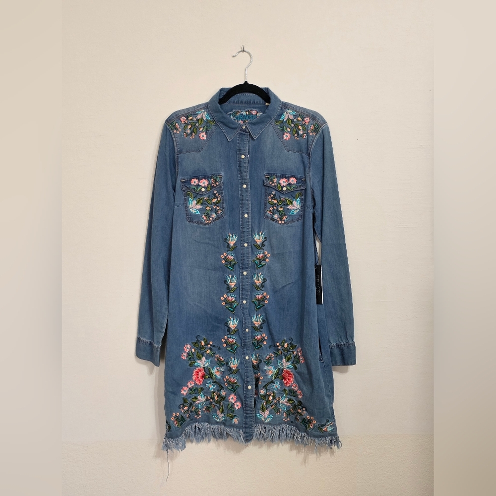 Grace Denim Floral Embroidered Long Sleeve Dress